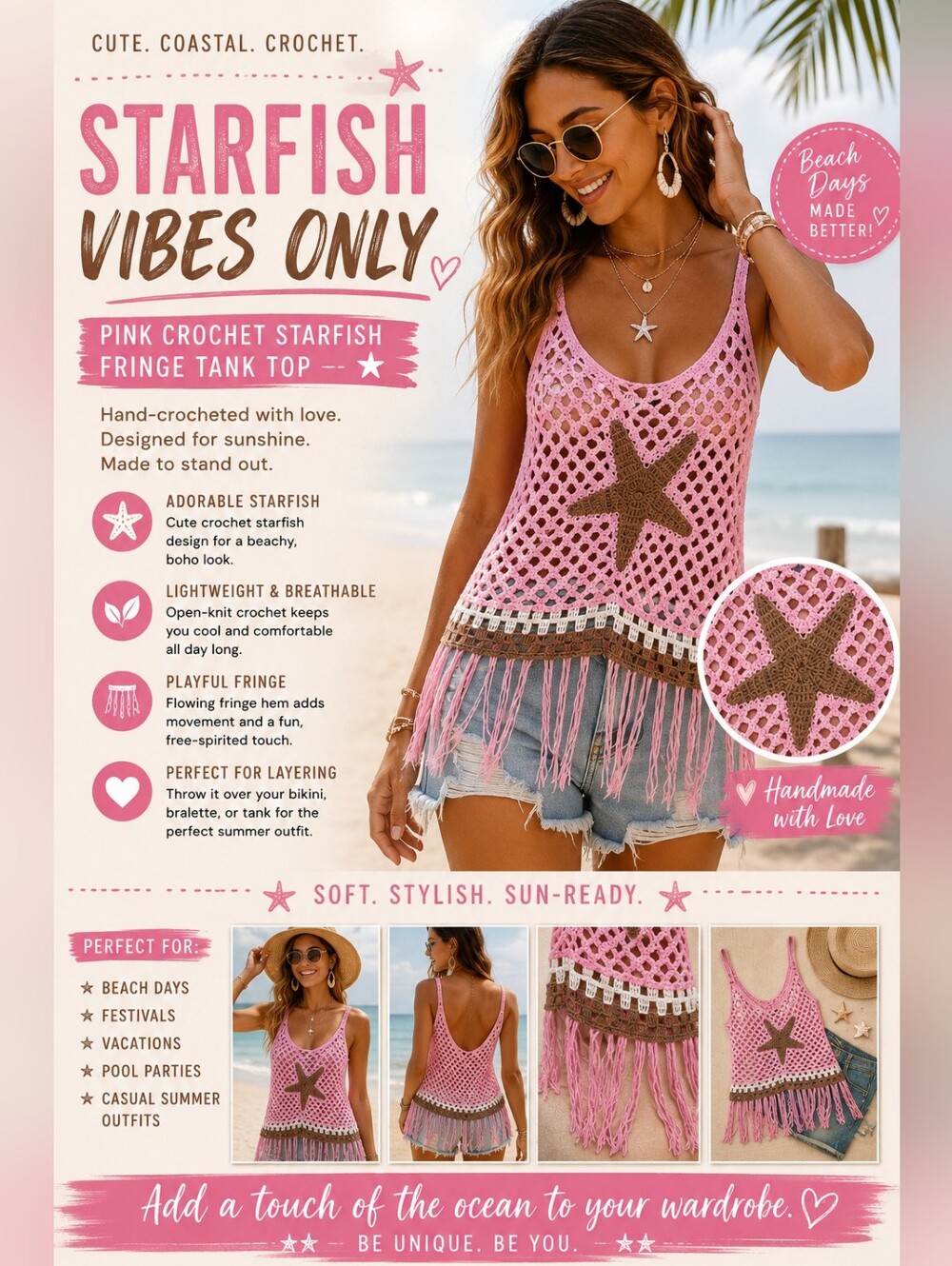 Pink Crochet Starfish Fringe Tank Top